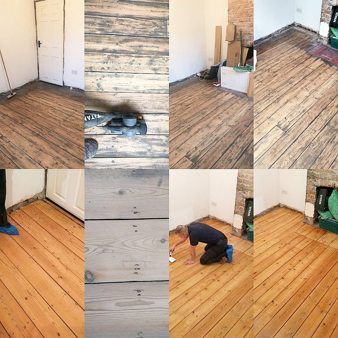 A floor receiving sanding, repairs & varnishing